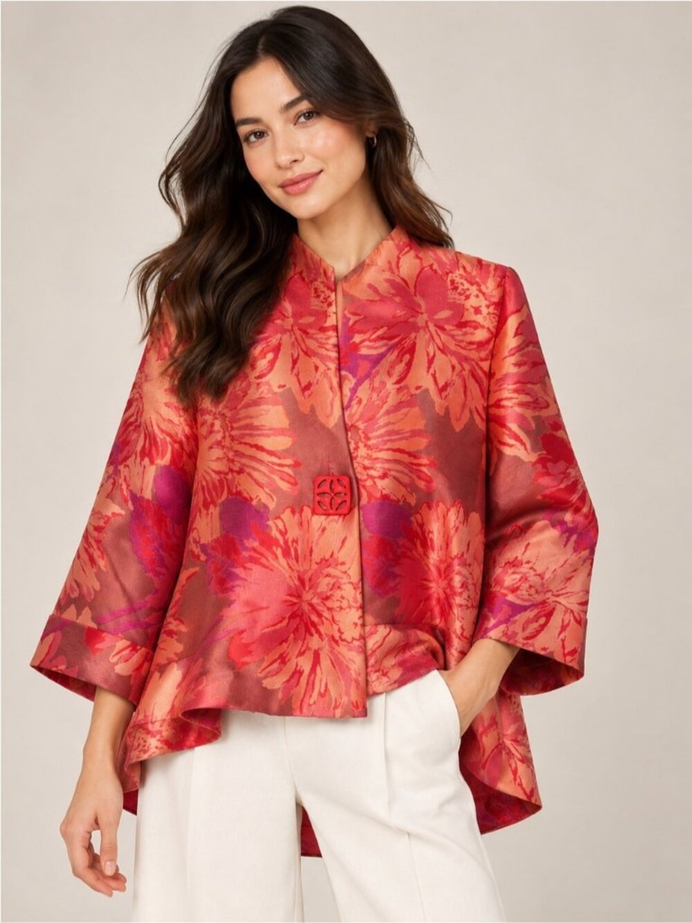 IC by Connie K Floral Satin Swing Tunic Jacket in Red size M